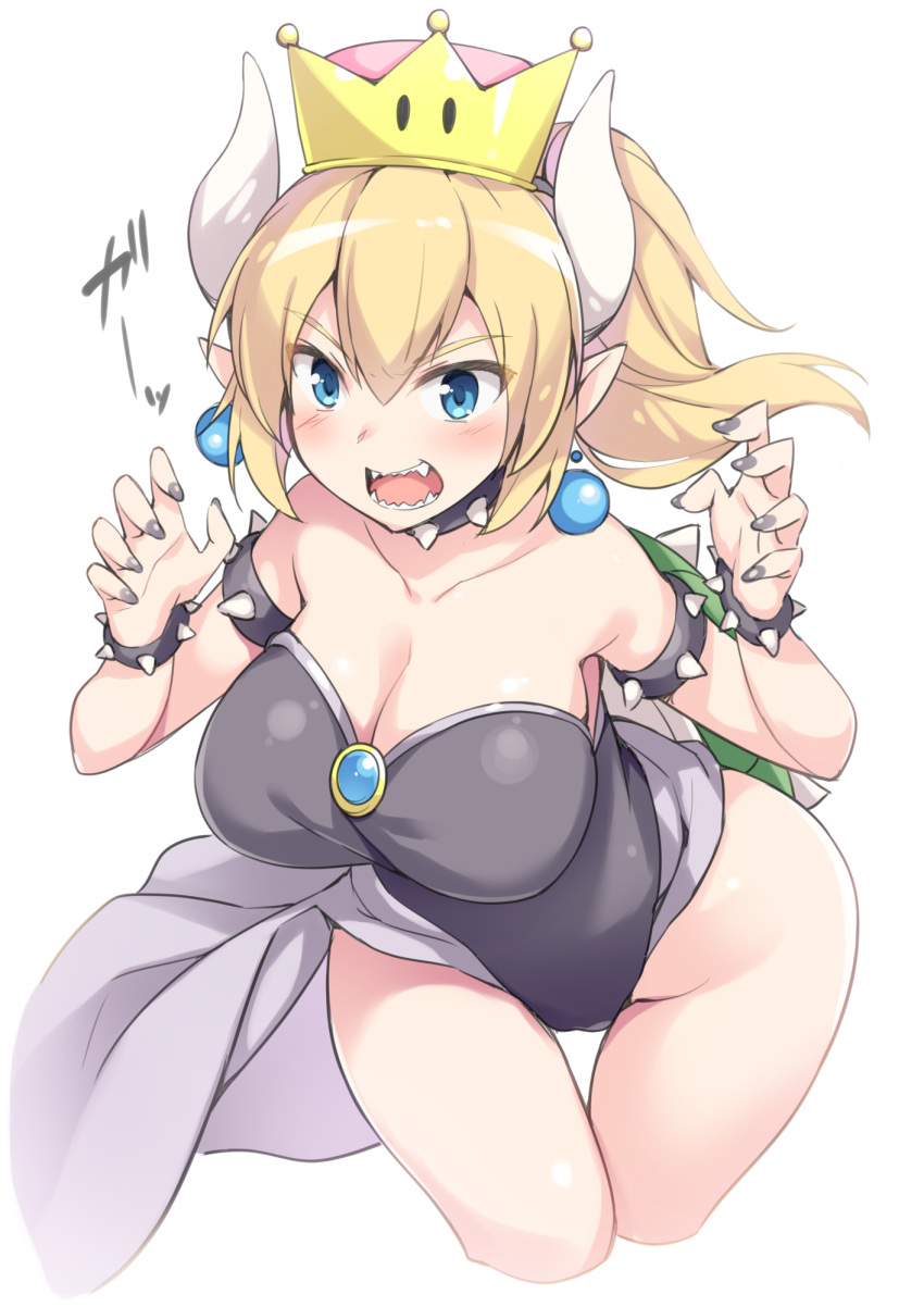 1girl akizora_momiji bare_shoulders blonde_hair blue_eyes blush bowsette bracelet breasts cleavage collar dress earrings genderswap genderswap_(mtf) hands_up highres horns jewelry large_breasts long_hair looking_at_viewer super_mario_bros. nail_polish new_super_mario_bros._u_deluxe nintendo open_mouth pointy_ears ponytail sharp_teeth simple_background solo spiked_bracelet spiked_collar spikes super_crown super_mario_bros. teeth white_background