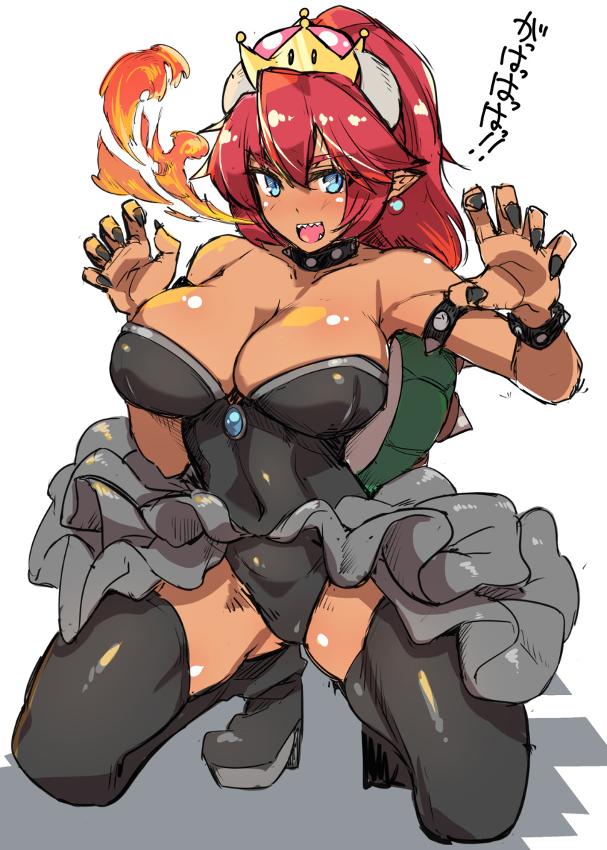 1girl bare_shoulders black_dress black_legwear blue_eyes bowser bowsette breasts brll cleavage commentary_request dark_skin dress earrings fire flame frills genderswap genderswap_(mtf) highres jewelry large_breasts long_hair looking_at_viewer super_mario_bros. nintendo open_mouth pointy_ears redhead sharp_teeth simple_background smile solo spiked_shell super_crown super_mario_bros. teeth thigh-highs translated white_background