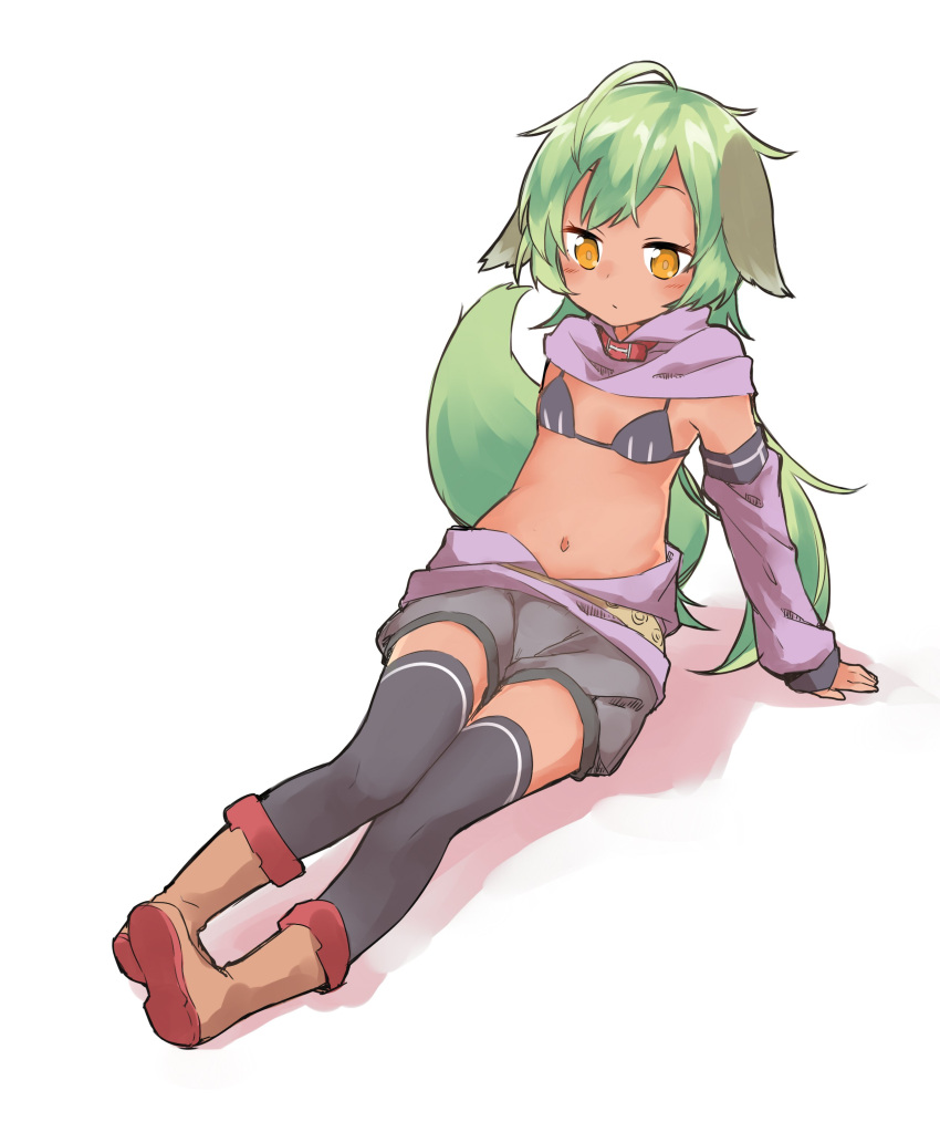 1girl absurdres ahoge animal_ears arm_support black_legwear blush boots borrowed_character breasts dark_skin detached_sleeves dog_ears dog_tail green_hair highres long_hair looking_at_viewer navel original sekira_ame sitting small_breasts solo tail thigh-highs titi-chan_(nezumi_inu) white_background yellow_eyes