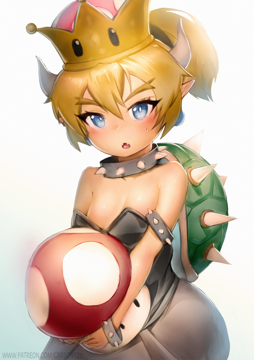 1girl :o absurdres black_dress blue_eyes blush bowsette breasts carbon12th child cleavage collar crown dress earrings eyebrows fangs half-closed_eyes highres horns jewelry super_mario_bros. mushroom new_super_mario_bros._u_deluxe nintendo open_mouth patreon_username pointy_ears ponytail sharp_teeth shell shoulder_spikes simple_background sleeveless sleeveless_dress small_breasts solo spiked_collar spikes strapless strapless_dress super_mario_bros. sweatdrop teeth thick_eyebrows white_background younger