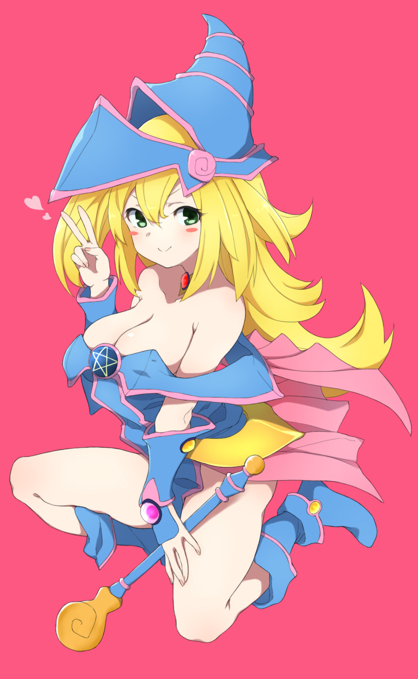 1girl absurdres bare_shoulders blonde_hair blue_footwear blush_stickers boots breasts cleavage closed_mouth commentary_request dark_magician_girl green_eyes hair_between_eyes hand_up hat heart highres holding igo_miku jewelry large_breasts long_hair necklace off_shoulder one_knee pink_background simple_background smile solo v wand yu-gi-oh!