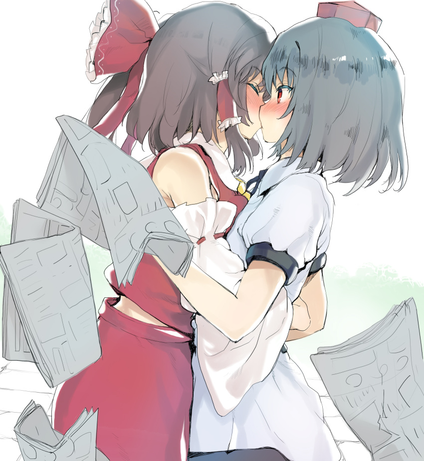 2girls absurdres bangs bare_shoulders black_hair black_neckwear blue_hair blush bow collared_shirt colored_eyelashes commentary_request cowboy_shot detached_sleeves eyebrows_visible_through_hair from_side hair_bow hair_tubes hakurei_reimu hat highres holding hug kedamono_kangoku-tou kiss long_hair long_sleeves multiple_girls newspaper nose_blush ponytail profile puffy_short_sleeves puffy_sleeves red_bow red_eyes red_hat red_skirt ribbon-trimmed_sleeves ribbon_trim shameimaru_aya shirt short_hair short_sleeves sidelocks skirt tokin_hat touhou white_background wide-eyed yellow_neckwear yuri