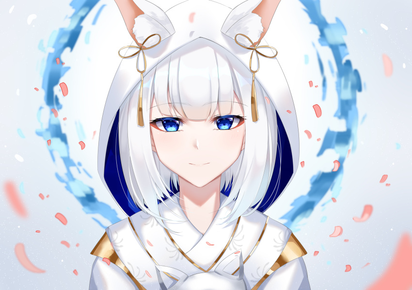 1girl animal_ears azur_lane blue_eyes eternity_(pixiv8012826) eyebrows_visible_through_hair fox_ears highres hood japanese_clothes kaga_(azur_lane) kimono looking_at_viewer petals short_hair silver_hair smile solo upper_body white_hood white_kimono