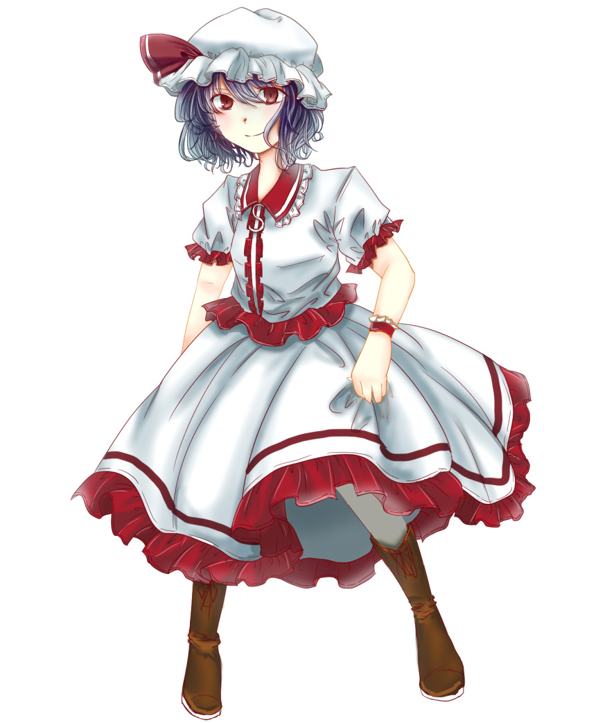 1girl artist_request boots dress hat highres holding_skirt looking_at_viewer mob_cap purple_hair red_eyes remilia_scarlet short_sleeves smile touhou