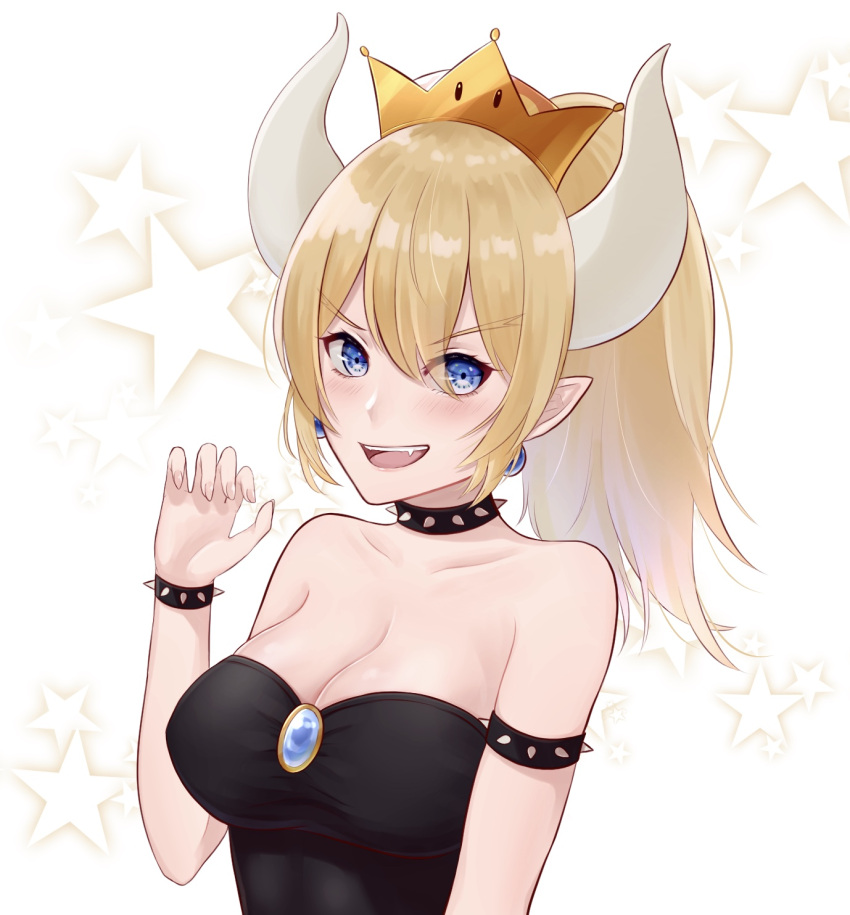 1girl :d armlet bangs bare_shoulders blonde_hair blue_eyes blush bonkithy borrowed_design bowsette bracelet breasts claw_pose cleavage collar collarbone crown earrings eyebrows_visible_through_hair fang genderswap genderswap_(mtf) hand_up highres horns jewelry large_breasts long_hair looking_at_viewer super_mario_bros. nintendo open_mouth pointy_ears ponytail smile solo spiked_armlet spiked_bracelet spiked_collar spikes star starry_background super_crown upper_body v-shaped_eyebrows