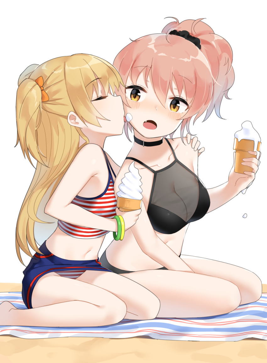 2girls bangs bare_arms bare_shoulders beach between_legs bikini black_bikini black_scrunchie blonde_hair blue_skirt blush bow breasts brown_eyes cleavage collarbone commentary eyebrows_visible_through_hair fang food food_on_face hair_between_eyes hair_bow hair_ornament hair_scrunchie hand_between_legs highres holding holding_food ice_cream ice_cream_cone idolmaster idolmaster_cinderella_girls jougasaki_mika jougasaki_rika licking long_hair medium_breasts multiple_girls navel noria open_mouth orange_bow pink_hair ponytail profile sand scrunchie see-through siblings sisters sitting skirt soft_serve striped striped_bow swimsuit symbol_commentary two_side_up very_long_hair wariza white_background