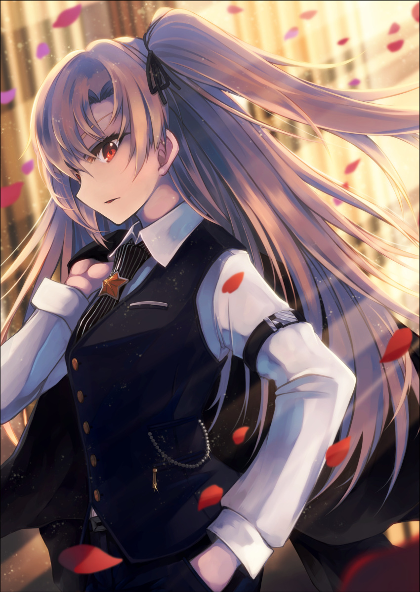 1girl absurdres animal_ears arm_strap asymmetrical_bangs azur_lane bangs black_jacket black_neckwear black_ribbon blonde_hair blue_pants blue_vest blush border breast_pocket breasts chains cleveland_(azur_lane) collared_shirt floating_hair from_side gold hair_between_eyes hair_ribbon hand_in_pocket highres holding holding_jacket jacket jacket_removed light_particles long_hair long_sleeves looking_at_viewer necktie off_shoulder one_side_up open_mouth otogi_kyouka outdoors pants parted_bangs petals pocket red_eyes ribbon shiny shiny_hair shirt smile solo standing star striped_neckwear very_long_hair vest white_shirt wind wing_collar