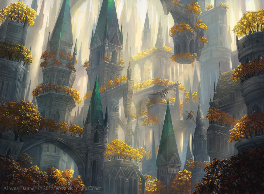 alayna_danner arch architecture bridge castle city commentary day english_commentary fantasy floating_island highres landscape magic:_the_gathering nature official_art outdoors pegasus scenery tower tree