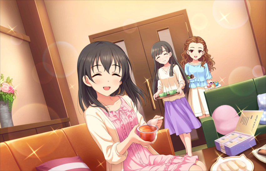 black_hair blush closed_eyes dress fujiwara_hajime idolmaster idolmaster_cinderella_girls idolmaster_cinderella_girls_starlight_stage short_hair smile