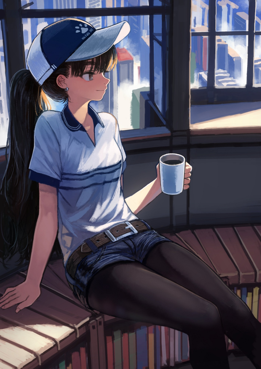 1girl arm_support baseball_cap belt belt_buckle black_hair black_legwear blush book brown_eyes buckle cityscape closed_mouth clothes_writing coffee coffee_mug collared_shirt commentary_request cup day denim denim_shorts earrings feet_out_of_frame hat highres holding holding_cup indoors jewelry leaning_back long_hair looking_away looking_to_the_side mug original pantyhose pantyhose_under_shorts ponytail shirt short_shorts short_sleeves shorts sitting smile solo very_long_hair white_shirt window window1228