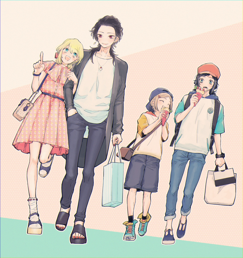 4boys :d ^_^ alternate_hairstyle backpack backwards_hat bag baseball_cap black_hair blonde_hair blue_eyes brown_hair closed_eyes closed_eyes contemporary crepe denim dress earrings food food_on_face hair_ornament hair_slicked_back hairclip handbag hat highres hood hoodie houchou_toushirou jeans jewelry kashuu_kiyomitsu locked_arms male_focus midare_toushirou mole mole_under_eye mole_under_mouth multiple_boys nail_polish necklace open_mouth otoko_no_ko pants pointing red_eyes red_nails sandals shigeru shopping_bag shorts smile touken_ranbu walking yamato-no-kami_yasusada