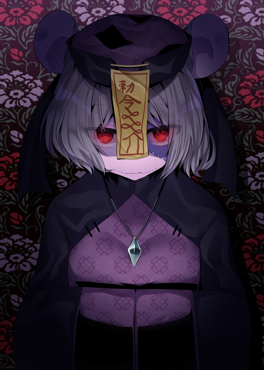 1girl abe_suke absurdres animal_ears black_dress black_hat closed_mouth commentary_request dark_persona dress flower grey_hair hands_in_opposite_sleeves hat highres jewelry jiangshi long_sleeves looking_at_viewer mouse_ears nazrin ofuda pendant red_eyes red_flower short_hair solo stitched_mouth stitches touhou wavy_mouth white_flower