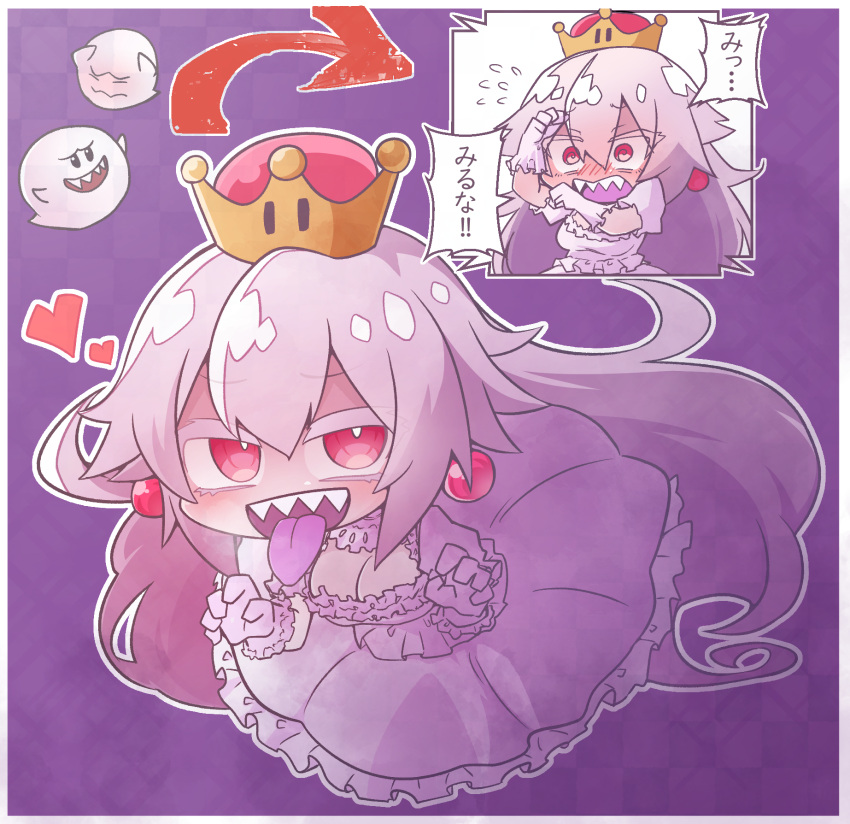 1girl arrow blush boo breasts cleavage crown dress ghost gloves hair_between_eyes heart highres long_hair luigi's_mansion super_mario_bros. new_super_mario_bros._u_deluxe nintendo open_mouth princess_king_boo red_eyes rhmainasu sharp_teeth super_crown super_mario_bros. surprised sweatdrop teeth tongue tongue_out translated white_dress white_hair