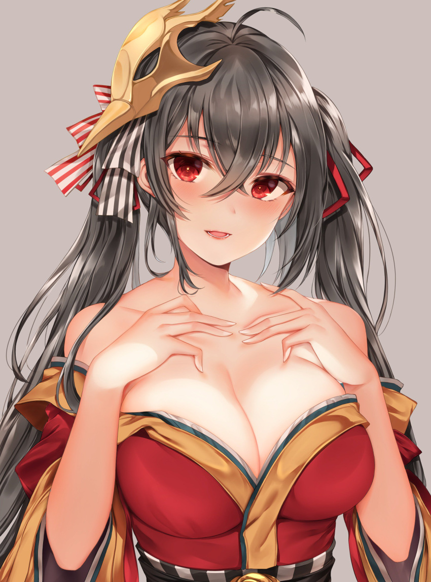1girl absurdres ahoge azur_lane bangs bare_shoulders black_hair blush breast_suppress breasts cleavage collarbone commentary crossed_bangs dress eyebrows_visible_through_hair hair_between_eyes hair_ornament hair_ribbon head_tilt highres huge_breasts japanese_clothes large_breasts long_hair looking_at_viewer mask mask_on_head obi off_shoulder open_mouth painteen red_dress red_eyes ribbon sash sidelocks simple_background smile solo taihou_(azur_lane) twintails upper_body very_long_hair wide_sleeves