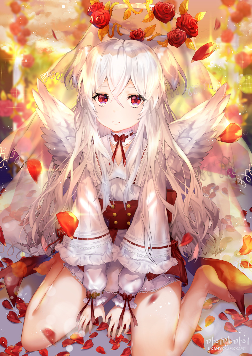 1girl absurdres angel angel_wings artist_name barefoot blurry blurry_background dress flower frown hair_between_eyes highres kkamykkamkkamy long_hair long_sleeves looking_at_viewer original petals red_eyes rose sitting solo wariza white_dress white_hair white_wings wings