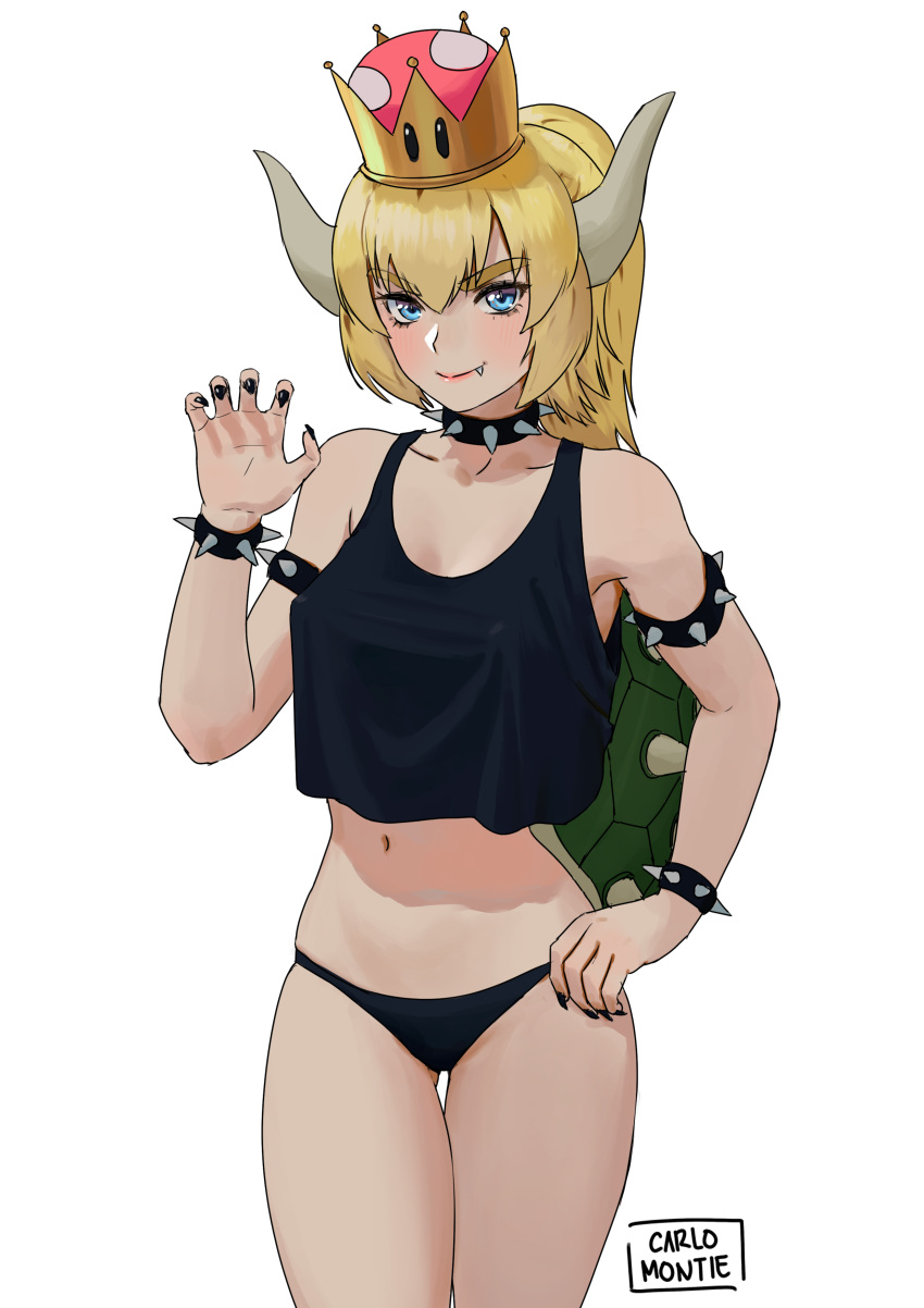 1girl absurdres blonde_hair blue_eyes bowsette bracelet carlo_montie claw_pose collar commentary cowboy_shot crop_top crop_top_overhang crown english_commentary fang fang_out hand_on_hip highres horns jewelry looking_at_viewer super_mario_bros. midriff nail_polish new_super_mario_bros._u_deluxe nintendo no_pants panties ponytail simple_background solo spiked_bracelet spiked_collar spikes super_crown tank_top underwear white_background