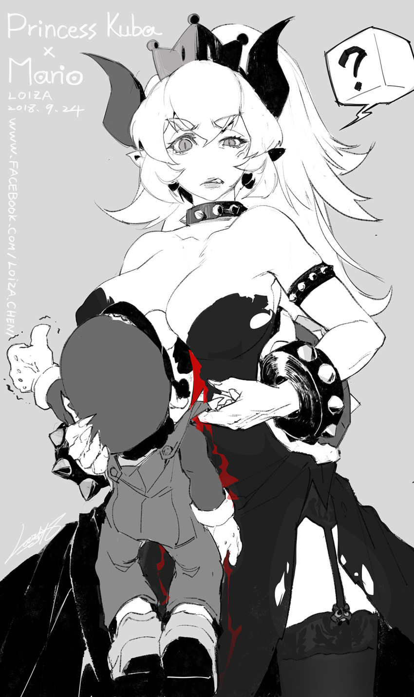 1boy 1girl ? adapted_costume artist_name bare_shoulders between_breasts borrowed_character bowsette bracelet breasts calligraphy_brush_(medium) character_name collar collarbone confused cowboy_shot crown dated earrings english fingernails garter_straps gloves grey_background greyscale hand_on_another's_head height_difference highres horns jewelry lips loiza long_ponytail looking_at_viewer mario super_mario_bros. medium_breasts monochrome new_super_mario_bros._u_deluxe nintendo overalls pointy_ears ponytail sharp_fingernails sharp_teeth shoes short_hair signature simple_background size_difference spiked_bracelet spiked_collar spiked_shell spikes spoken_question_mark spot_color standing teeth thigh-highs thighs thumbs_up trembling watermark web_address