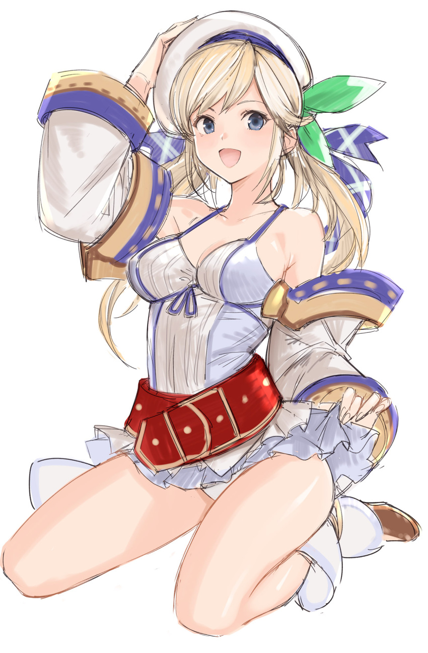 1girl :d bangs bare_shoulders belt blonde_hair blue_eyes boots bow breasts camisole commentary_request copyright_request cucouroux_(granblue_fantasy) detached_sleeves granblue_fantasy green_bow hair_bow hand_on_headwear hand_up hat highres kneeling large_breasts long_sleeves looking_at_viewer open_mouth panties simple_background smile solo tetsu_(kimuchi) twintails underwear white_background white_hat white_panties wide_sleeves