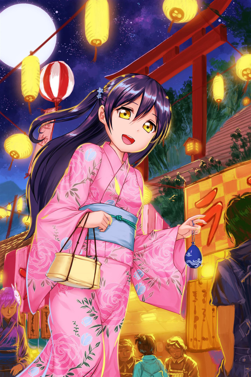 2boys 4girls :d alternate_hairstyle bangs basket black_hair blue_flower blue_hair blue_kimono bunny_mask commentary_request crazypen festival floral_print flower food_stand full_moon hair_bun hair_flower hair_ornament highres japanese_clothes kimono lantern long_hair long_sleeves looking_at_viewer love_live! love_live!_school_idol_project moon multiple_boys multiple_girls night obi one_side_up open_mouth outdoors paper_lantern pink_kimono purple_hair purple_kimono sash smile sonoda_umi upper_teeth water_yoyo wide_sleeves yellow_eyes