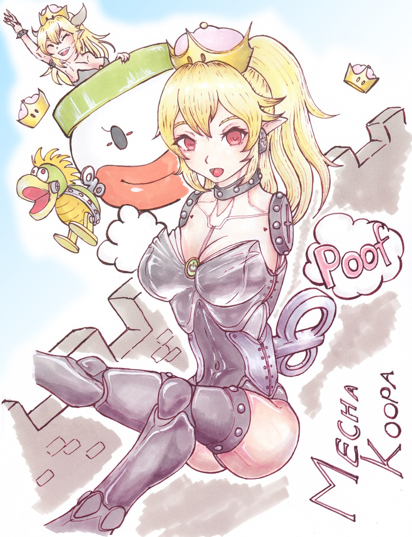 2girls :d armless armor artist_request blonde_hair blue_sky bowsette breasts character_name cleavage closed_eyes collar covered_navel dutch_angle falling highres koopa_clown_car looking_at_viewer super_mario_bros. mecha-koopa multiple_girls new_super_mario_bros._u_deluxe nintendo no_pupils open_mouth pointy_ears ponytail red_eyes screw sketch sky smile spiked_armlet spiked_collar spikes super_crown wall winding_key