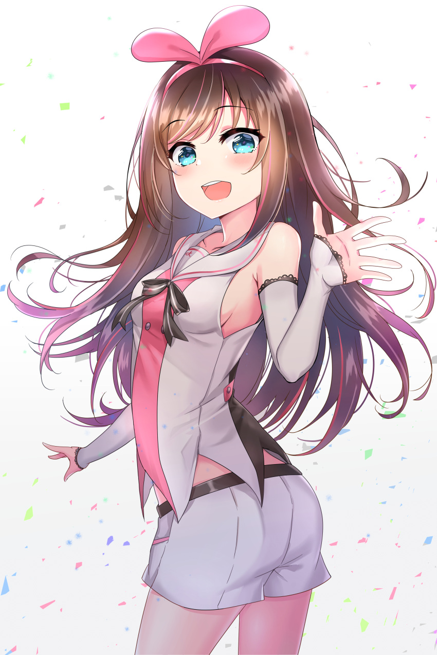 1girl :d a.i._channel absurdres bangs blue_eyes blush breasts brown_hair cowboy_shot detached_sleeves eyebrows_visible_through_hair floating_hair from_side hairband highres kizuna_ai long_hair looking_at_viewer open_mouth pink_hairband shiny shiny_hair shirt short_shorts shorts sideboob sleeveless sleeveless_shirt small_breasts smile solo standing sunhyun swept_bangs very_long_hair virtual_youtuber white_background white_shorts