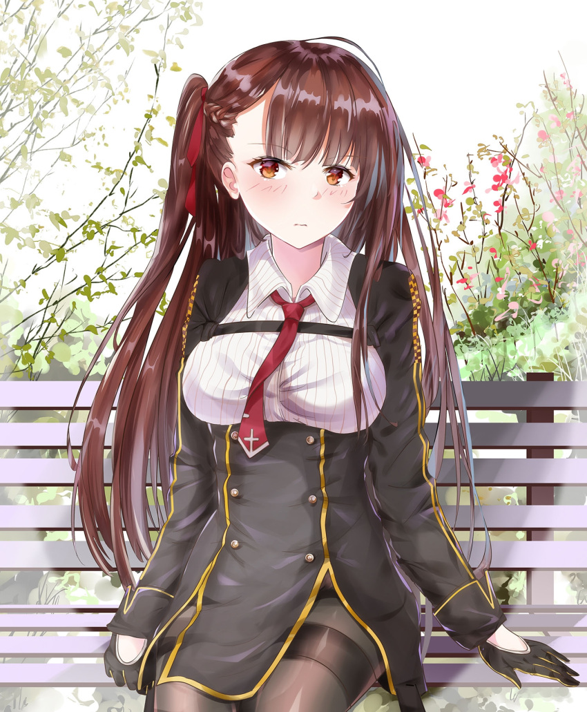 1girl 3: bangs bench black_gloves black_jacket blush braid breasts brown_eyes brown_hair brown_legwear closed_mouth collared_shirt commentary day eyebrows_visible_through_hair flower framed_breasts girls_frontline gloves hair_ribbon highres jacket long_hair long_sleeves looking_at_viewer medium_breasts mutang necktie on_bench one_side_up outdoors pantyhose park_bench red_flower red_neckwear red_ribbon ribbon shirt sitting sitting_on_bench solo striped striped_shirt thighband_pantyhose vertical-striped_shirt vertical_stripes very_long_hair wa2000_(girls_frontline) white_shirt