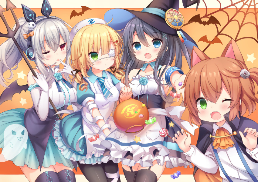 4girls :d :o ;3 ;d ;p absurdres animal_ear_headphones animal_ears ann_(krt_girls) apron armband artist_request ascot bandage bangs bare_shoulders bat bat_wings black_hair black_legwear blonde_hair blue_dress blue_eyes blue_flower blue_neckwear blue_rose blue_skirt blush bow breasts candy cape cat_ears center_frills claw_pose collarbone collared_shirt corset cowboy_shot detached_collar dress elbow_gloves emilia_(krt_girls) eyebrows_visible_through_hair eyepatch fangs finger_to_tongue flower food frilled_apron frilled_gloves frills garter_straps ghost gloves green_eyes hair_ornament hair_ribbon hairclip halloween hat headphones headset highres holding krt_girls large_breasts lollipop long_hair long_sleeves looking_at_viewer low_twintails medical_eyepatch multiple_girls nana_(krt_girls) necktie nut_(hardware) nut_hair_ornament one_eye_closed one_side_up open_mouth orange_background orange_hair orange_neckwear outside_border outstretched_arm pantyhose parted_lips pocket polearm ponytail puffy_short_sleeves puffy_sleeves red_eyes ribbon rose shirt short_hair short_sleeves sidelocks silk silver_hair skirt skull skull_hair_ornament sleeveless sleeveless_shirt small_breasts smile spider_web standing star striped_neckwear suspenders swirl_lollipop thigh-highs tongue tongue_out trident twintails v-shaped_eyebrows waist_apron weapon white_apron white_shirt wing_collar wings witch_hat x_hair_ornament xiao_qiong zettai_ryouiki