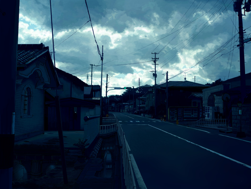 clouds cloudy_sky day highres house mita_mitauzo no_humans original outdoors photorealistic power_lines railing road scenery sky stairs traffic_light