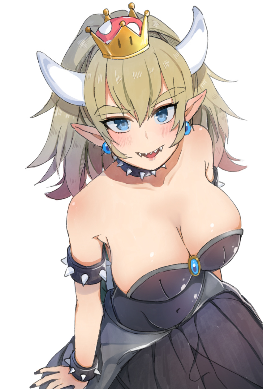 1girl :d absurdres ancolatte_(onikuanco) black_dress blonde_hair bowsette bracelet breasts cleavage collar collarbone commentary_request crown dress earrings eyebrows_visible_through_hair eyes_visible_through_hair genderswap genderswap_(mtf) hair_between_eyes highres horns jewelry large_breasts looking_at_viewer super_mario_bros. new_super_mario_bros._u_deluxe nintendo open_mouth pointy_ears ponytail sharp_teeth simple_background smile solo spiked_armlet spiked_bracelet spiked_collar spikes strapless strapless_dress super_crown super_mario_bros. teeth white_background