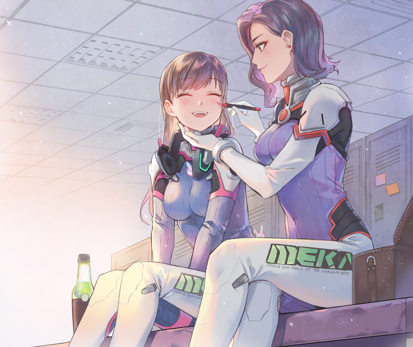 2girls applying_makeup bench blush bodysuit bottle breasts brown_hair closed_eyes commentary_request d.mon_(overwatch) d.va_(overwatch) earrings eyebrows_visible_through_hair facepaint happy headphones highres jewelry legs_crossed lino_chang locker locker_room long_hair looking_at_another makeup marker medium_breasts meka_(overwatch) multiple_girls overwatch plugsuit purple_hair short_hair sitting smile soda soda_bottle touching_another's_chin