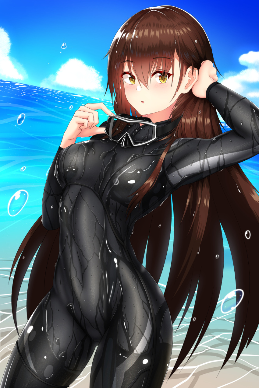 1girl black_suit blue_sky blush brown_hair clouds cowboy_shot damao_yu day eyebrows_visible_through_hair floating_hair hair_between_eyes hand_in_hair highres long_hair looking_at_viewer navel ocean open_mouth original outdoors shiny shiny_hair skin_tight sky solo standing very_long_hair wet wet_hair wetsuit yellow_eyes