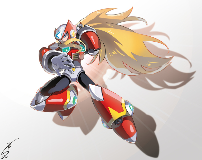 1boy android blonde_hair blue_eyes full_body gloves helmet highres jumping long_hair male_focus rockman rockman_x shadow signature simple_background solo sumomo very_long_hair white_gloves zero_(rockman)