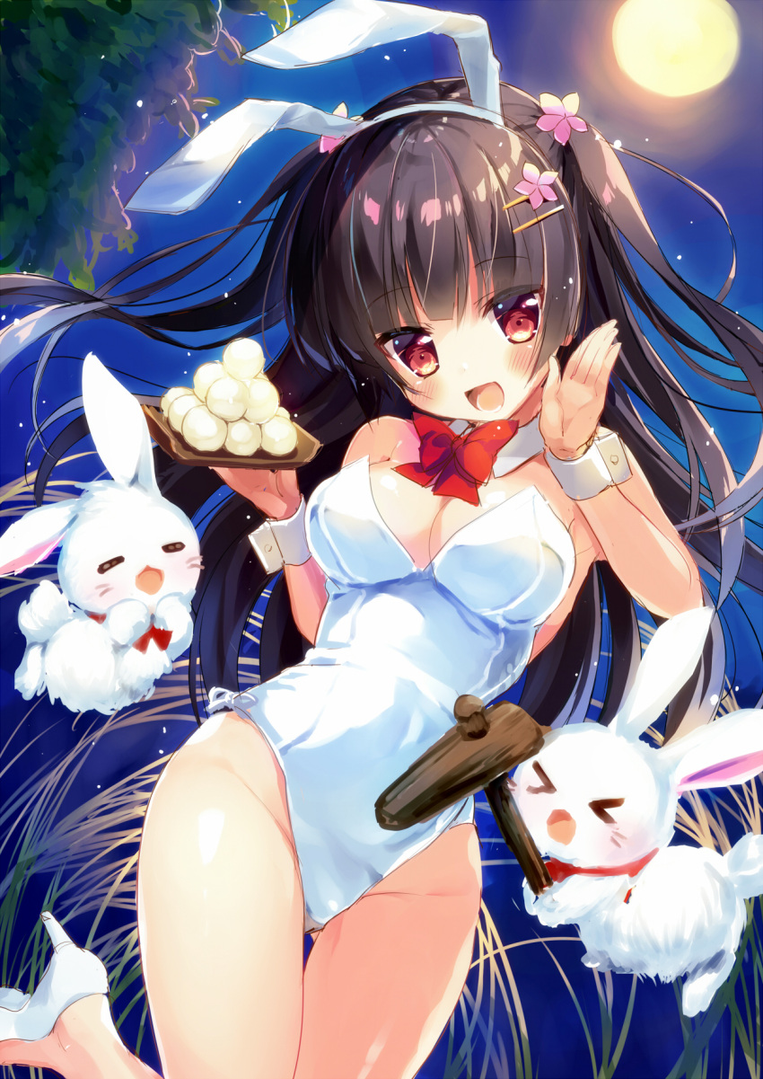 &gt;_&lt; 1girl :d animal animal_ears bare_shoulders blue_sky blush breasts brown_hair cleavage closed_eyes commentary_request flower full_moon groin hair_flower hair_ornament hairband hairclip head_tilt high_heels highres holding kine leotard long_hair mallet medium_breasts moon natsuki_marina night night_sky open_mouth original outdoors pink_flower rabbit rabbit_ears red_eyes shoe_soles shoes sketch sky smile solo strapless strapless_leotard two_side_up very_long_hair white_footwear white_hairband white_leotard wrist_cuffs
