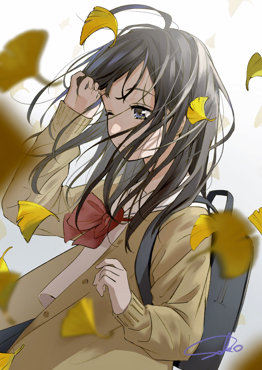 1girl absurdres backpack bag black_eyes black_hair blurry blurry_foreground bow bowtie cardigan commentary_request depth_of_field floating_hair ginkgo hand_up highres leaf long_hair long_sleeves one_eye_closed original parted_lips red_neckwear sako_(user_ndpz5754) school_uniform serafuku signature solo wind