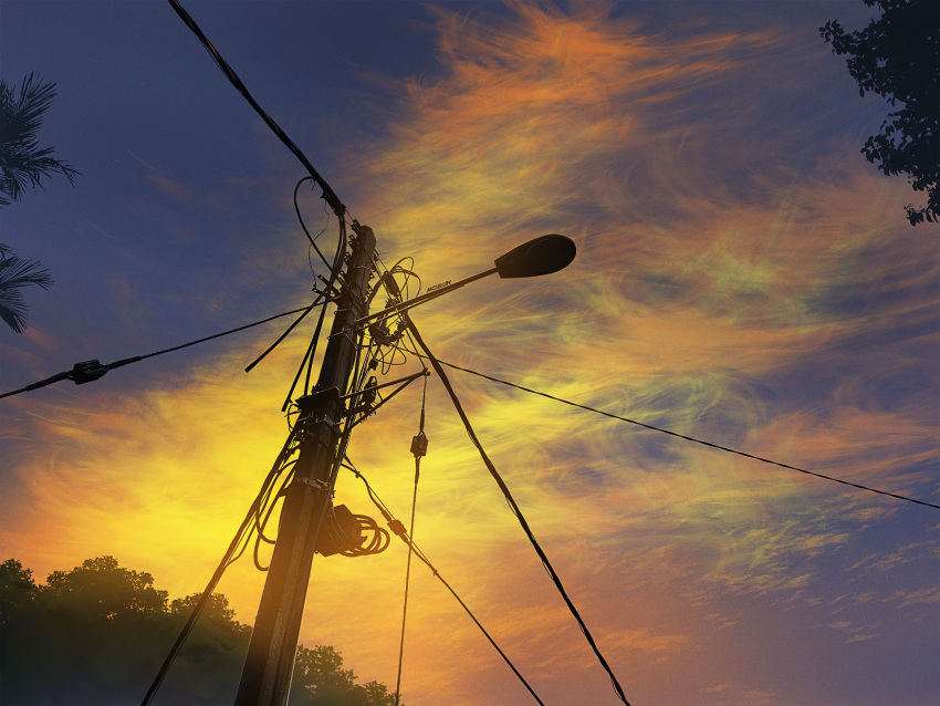 blue_sky commentary day english_commentary highres making_of mclelun multicolored multicolored_sky no_humans original outdoors photoshop_(medium) power_lines scenery sky telephone_pole tree twilight