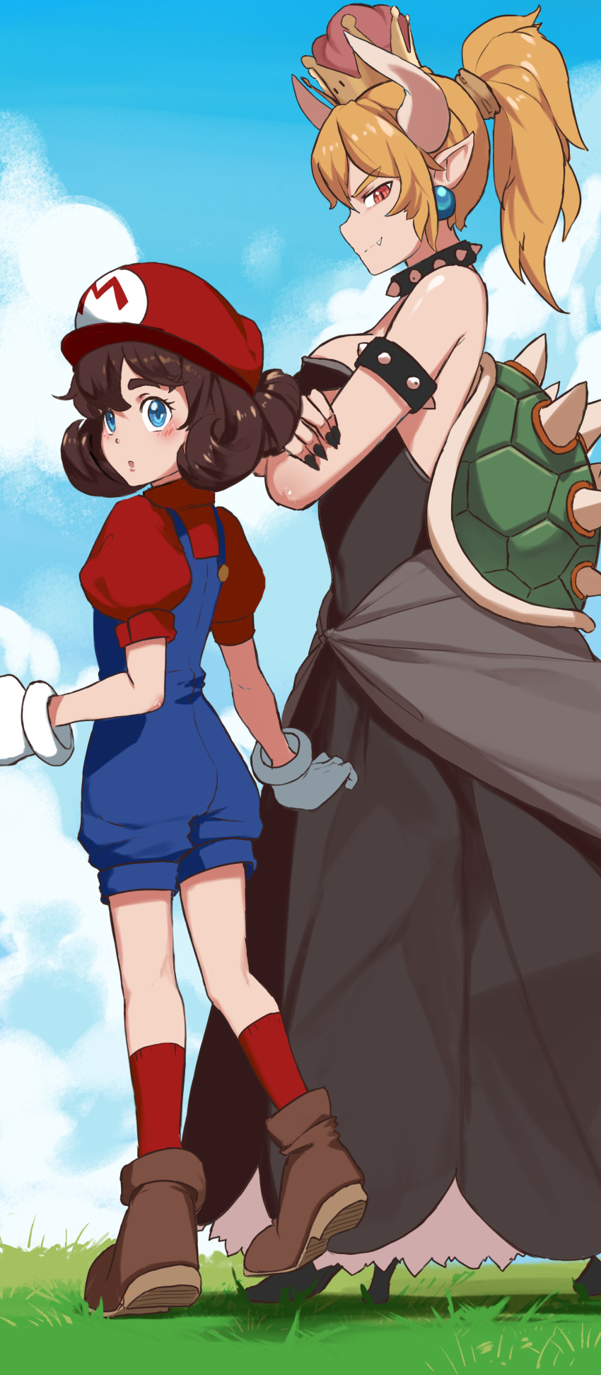 2girls :o absurdres bangs black_dress black_footwear black_nails blonde_hair blue_eyes blue_sky blush boots bowsette brown_footwear brown_hair clouds collar commentary crossed_arms crown day dishwasher1910 dress eyebrows_visible_through_hair fingernails flat_cap genderswap genderswap_(mtf) gloves hair_between_eyes hat high_heels high_ponytail highres horns kneehighs long_hair looking_at_viewer looking_back mario super_mario_bros. mini_crown multiple_girls nail_polish new_super_mario_bros._u_deluxe nintendo outdoors overall_shorts parted_lips pointy_ears ponytail puffy_short_sleeves puffy_sleeves red_eyes red_hat red_legwear red_shirt shirt shoe_soles shoes short_sleeves sky spiked_collar spiked_shell spikes standing standing_on_one_leg strapless strapless_dress super_crown super_mario_bros. turtle_shell white_gloves