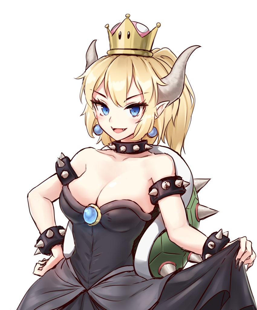 &gt;:) &gt;:d 1girl :d bare_arms bare_shoulders black_collar black_dress blonde_hair blue_eyes blush borrowed_design bowsette bracelet breasts brooch cleavage collar collarbone commentary_request crown dress earrings eyebrows_visible_through_hair fangs genderswap genderswap_(mtf) half_updo hand_on_hip highres horns jewelry large_breasts looking_at_viewer super_mario_bros. medium_breasts medium_hair mini_crown minust new_super_mario_bros._u_deluxe nintendo open_mouth pointy_ears ponytail short_hair simple_background skirt_hold smile solo spiked_armlet spiked_bracelet spiked_collar spiked_shell spikes strapless strapless_dress super_crown teeth turtle_shell v-shaped_eyebrows white_background
