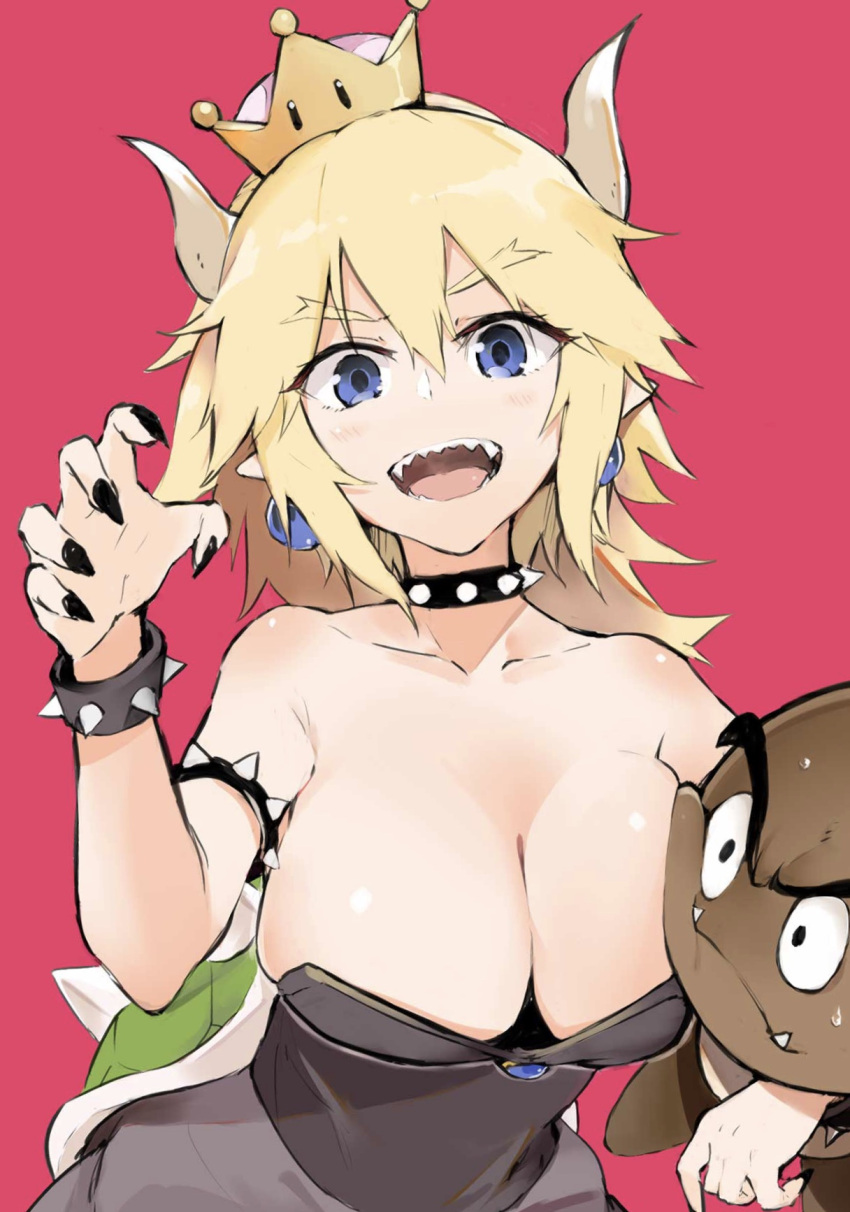 1girl black_nails blonde_hair blue_eyes blush bowsette breast_press breasts cleavage collarbone crown earrings fangs genderswap genderswap_(mtf) goomba highres horns jewelry large_breasts looking_at_viewer super_mario_bros. muteki_soda nail_polish new_super_mario_bros._u_deluxe nintendo open_mouth pink_background pointy_ears sharp_teeth simple_background smile solo sweatdrop teeth