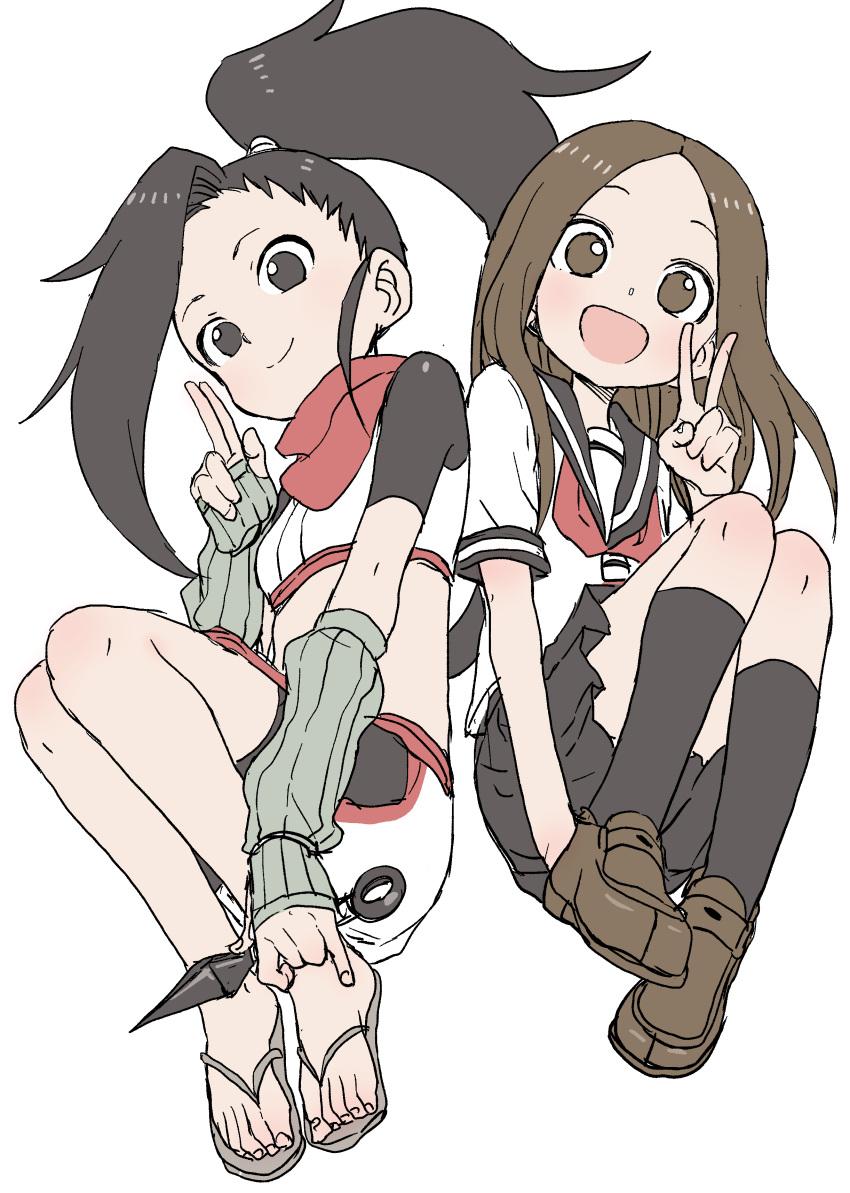 2girls :d absurdres arm_warmers bangs black_eyes black_hair black_legwear black_sailor_collar black_skirt brown_eyes brown_footwear brown_hair closed_mouth commentary_request crossover highres karakai_jouzu_no_takagi-san kunoichi_tsubaki_no_mune_no_uchi legs_together loafers long_hair looking_at_viewer multiple_girls neckerchief ninja open_mouth parted_bangs pleated_skirt ponytail red_neckwear sailor_collar sandals school_uniform serafuku shirt shoes short_sleeves simple_background skirt smile socks takagi-san tsubaki_(kunoichi_tsubaki_no_mune_no_uchi) v white_background white_shirt yamamoto_souichirou