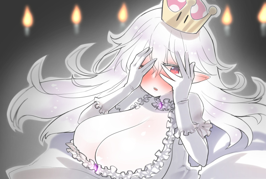 1girl akane846 breasts candle cleavage covering_face fire gloves highres huge_breasts long_hair looking_at_viewer luigi's_mansion super_mario_bros. new_super_mario_bros._u_deluxe nintendo open_mouth pointy_ears princess_king_boo sharp_teeth short_sleeves solo super_crown super_mario_bros. teeth white white_gloves white_hair white_skin