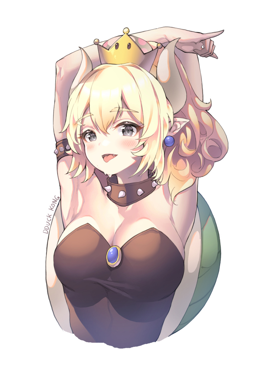 1girl armpits arms_up bangs bare_shoulders black_dress blonde_hair bowsette breasts cleavage collar collarbone commentary_request crown dress earrings eyebrows_visible_through_hair genderswap genderswap_(mtf) grey_eyes hair_between_eyes highres horns jewelry lee_seok_ho super_mario_bros. medium_breasts mini_crown new_super_mario_bros._u_deluxe nintendo pointy_ears signature simple_background solo spiked_collar spikes strapless strapless_dress super_crown turtle_shell white_background