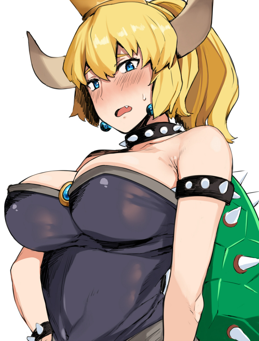 1girl :o arm_at_side armlet bare_shoulders black_dress blonde_hair blue_eyes blush borrowed_design bowsette bracelet breasts collar commentary_request covered_navel crown dress earrings fang genderswap genderswap_(mtf) hai_ookami highres horns jewelry large_breasts super_mario_bros. new_super_mario_bros._u_deluxe nintendo ponytail revision shell simple_background spiked_armlet spiked_bracelet spiked_collar spikes standing super_crown super_mario_bros. upper_body white_background