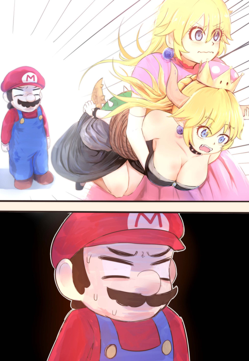 1boy absurdres bare_shoulders black_dress blonde_hair blue_eyes blush bound bowsette bracelet brown_hair collar comic commentary_request crown dress facial_hair genderswap genderswap_(mtf) gloves hat highres horns icarus_(2010741) jewelry kidnapping long_hair mario super_mario_bros. mustache new_super_mario_bros._u_deluxe nintendo open_mouth ponytail princess_peach role_reversal running spiked_bracelet spiked_collar spikes strapless strapless_dress super_crown super_mario_bros. tail turtle_shell
