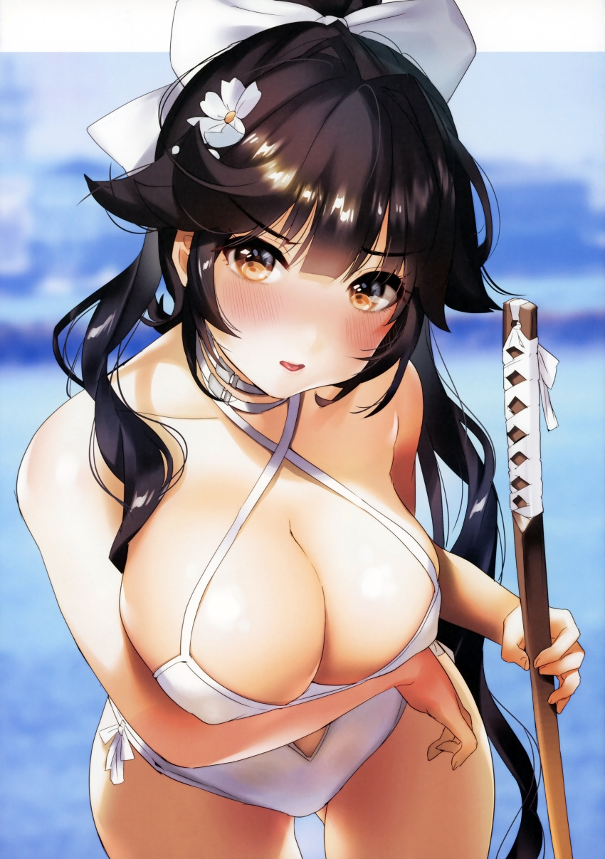1girl absurdres ass_visible_through_thighs azur_lane black_hair blurry blurry_background blush bow breasts brown_eyes brown_hair cleavage cowboy_shot criss-cross_halter depth_of_field eyebrows_visible_through_hair flower hair_bow hair_flaps hair_flower hair_ornament halterneck highres holding holding_sword holding_weapon huge_filesize katana large_breasts leaning_forward long_hair ogino_atsuki one-piece_swimsuit ponytail scan solo swimsuit sword takao_(azur_lane) weapon white_bow white_flower white_swimsuit