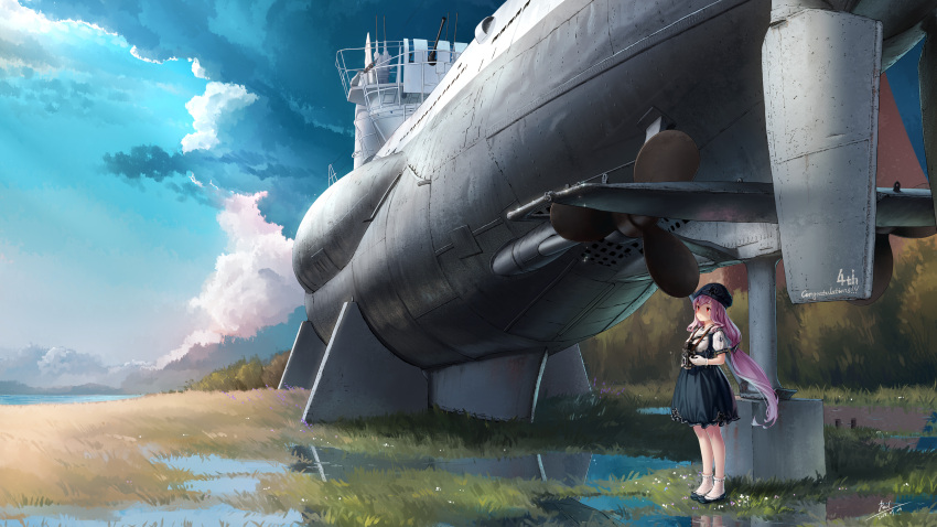 1girl absurdres blue_sky camera clouds day eyebrows_visible_through_hair gloves hat highres long_hair looking_up outdoors peaked_cap pink_hair ponytail rail_(silverbow) red_eyes signature sky solo standing submarine u96_(zhan_jian_shao_nyu) watercraft white_gloves zhan_jian_shao_nyu
