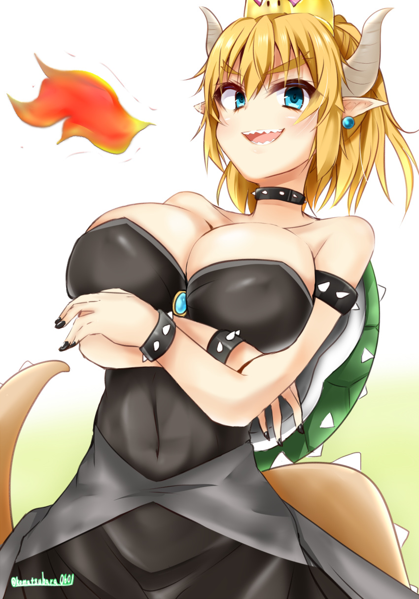 1girl bare_shoulders black_dress blonde_hair blue_eyes bowsette bracelet breasts cleavage collar commentary_request crossed_arms crown dress earrings ero-god eyebrows eyebrows_visible_through_hair fire genderswap genderswap_(mtf) green_background highres jewelry large_breasts looking_at_viewer super_mario_bros. new_super_mario_bros._u_deluxe nintendo open_mouth pointy_ears ponytail sharp_teeth short_hair smile solo spiked_armlet spiked_bracelet spiked_collar spikes super_mario_bros. tail teeth twitter_username two-tone_background white_background