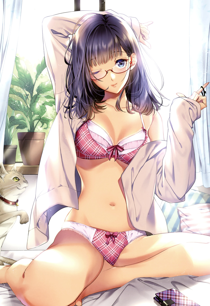 1girl ;) absurdres animal arm_up bangs bare_legs bare_shoulders barefoot bed_sheet black_hair blue_eyes blush bow bow_panties bra breasts cat cleavage closed_mouth collarbone curtains day glasses hair_tie head_tilt highres lace lace-trimmed_bra lips long_hair long_sleeves looking_at_viewer medium_breasts melonbooks navel oda_suzuka off_shoulder on_bed one_eye_closed open_clothes open_shirt panties pillow pink_bra pink_lips pink_panties pink_ribbon plaid plaid_bra plaid_panties plant potted_plant red-framed_eyewear ribbon scan semi-rimless_eyewear shirt sitting sleeves_past_wrists smartphone_case smile solo stomach sunlight under-rim_eyewear underwear white_shirt