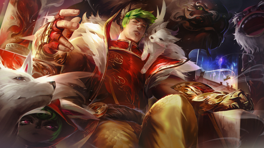 1boy 2girls absurdres animal bangs chinese_clothes closed_mouth dragon fingerless_gloves firecracker_sett fur_trim gloves green_hair hand_up highres hood hood_up league_of_legends looking_at_viewer multiple_girls on_shoulder orange_pants pants red_gloves scar scar_on_face sett_(league_of_legends) short_hair sitting solo_focus vex_(league_of_legends) wutu_(1183238220) xayah yordle