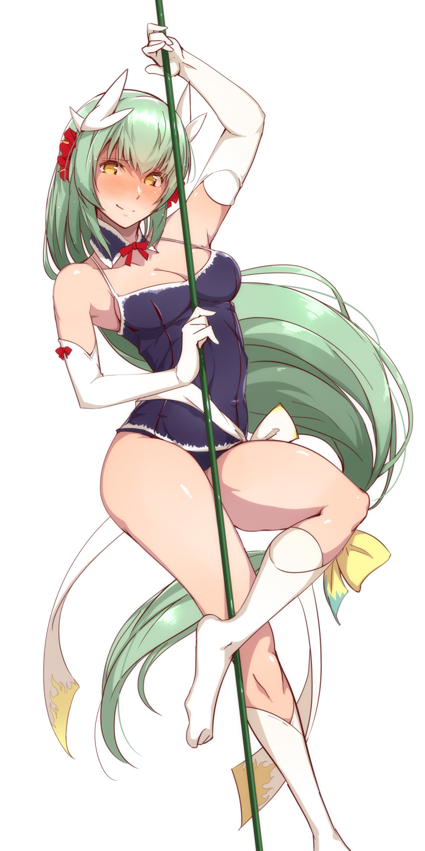 1girl absurdres bangs bare_shoulders blue_swimsuit blush bow breasts cleavage collarbone commentary_request covered_navel detached_collar dragon_horns elbow_gloves fate/grand_order fate_(series) full-face_blush gloves green_hair hair_between_eyes hair_bow highres hips horns kiyohime_(fate/grand_order) legs long_hair looking_at_viewer low-tied_long_hair medium_breasts one-piece_swimsuit pole_dancing sash simple_background smile solo swimsuit thighs tokiwa_midori_(kyokutou_funamushi) very_long_hair white_background white_gloves white_legwear yellow_bow yellow_eyes