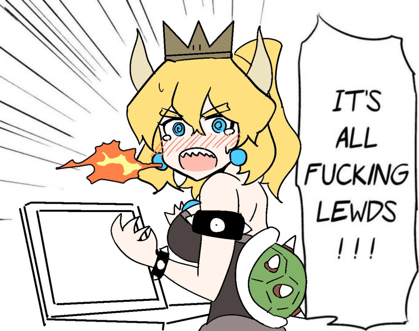 1girl @_@ artist_request bare_shoulders black_dress blonde_hair blue_eyes blush bowsette bracelet breasts crown dress embarrassed emphasis_lines english fire horns jewelry large_breasts looking_at_viewer super_mario_bros. nintendo nose_blush open_mouth ponytail profanity sharp_teeth sketch solo spiked_bracelet spikes super_crown super_mario_bros. tears teeth truth